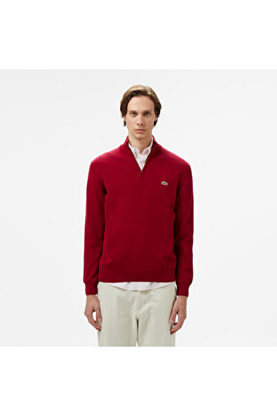 Lacoste Erkek Regular Fit Yarım Fermuarlı Organik Pamuk Bordo Kazak