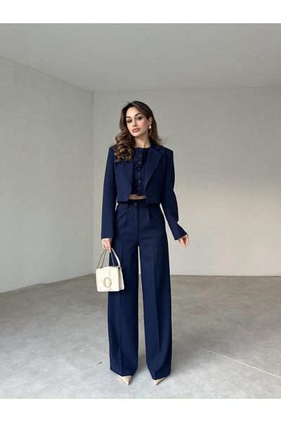 MAXMOOR Women's Navy Blue High Waist Pants Vest Jacket 3-Piece Suit