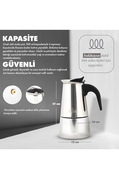 Any Morning Fe001-6 Espresso kávovar Indukční moka konvička nerez 300 ml
