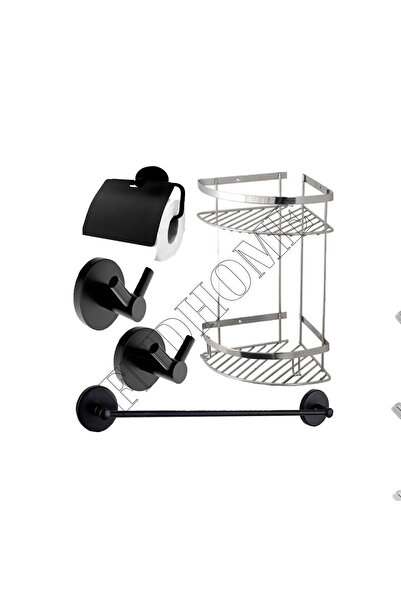 FNDHOME طقم حمام أسود مكون من 5 قطع رف زاوية فولاذي حامل شامبو 2 طبقة حامل من...