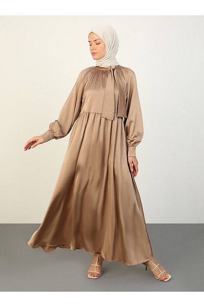 Refka Hijab Dress - Satin, Lacing Detail, Mink-refka