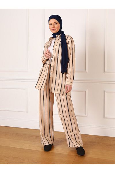 Refka Refka Beige Navy Blue Striped Shirt and Pants Set
