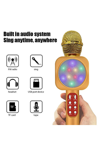 Evervox Karaoke Mikrofon , Bluetooth Özellikli Çocuk Mikrofonu Karaoke Işıklı Mikrofon 1816 Gold
