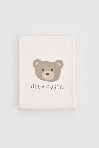 Little Gusto Organic Cotton Double Layer Teddy Bear Patterned Ecru Baby Blanket