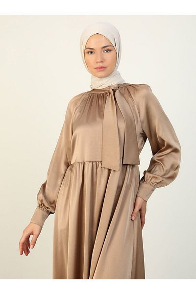 Refka Hijab Dress - Satin, Lacing Detail, Mink-refka