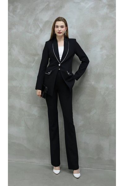 ZF BUTİK Black Women's Silver Detailed Classic Jacket and Trousers Set