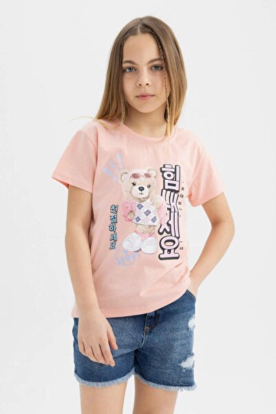 DeFacto Girls' Teddy Bear Printed Short Sleeve T-Shirt B5124A8