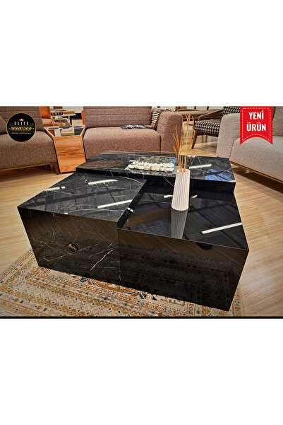 WorkShop Elite Royal Polygon 3'lü Şömineli Orta Sehpa Seti - Siyah Mermer Gör...