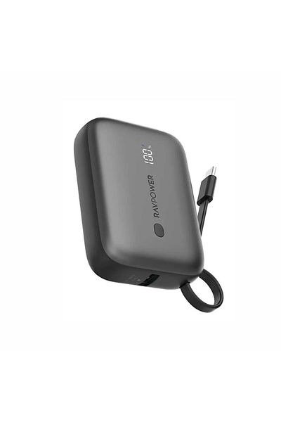 RavPower 20W PD 10000mAh 3-Port Power Bank with Built-In USB-C Cable, Black