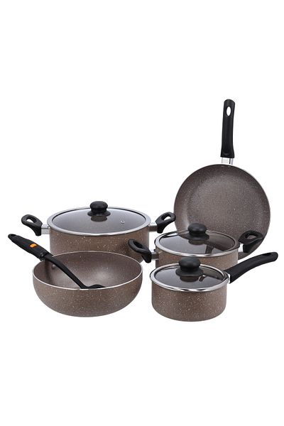 DELCASA Granite Coated Smart Cookware Set, 9Pcs, DC1577BGE 24cm Casserole+Lid, 26cm Frypan, 1pc Nylon Turner
