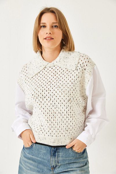 Bianco Lucci Women's Shirt Collar Openwork Knitwear Sweater 20246272