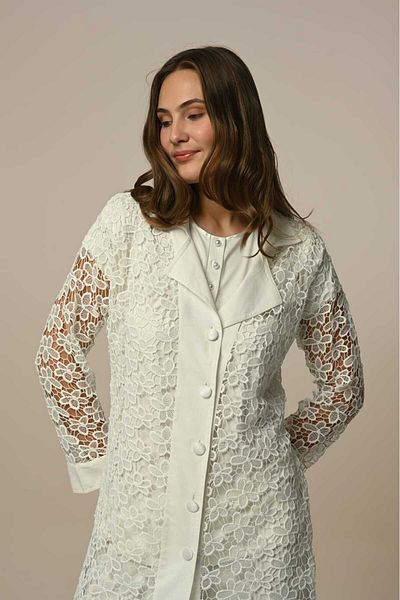 LOHOUSE Women's Ecru Full Lace Shawl Collar Maternity Maternity Dressing Gown 3-Piece Pajamas Set