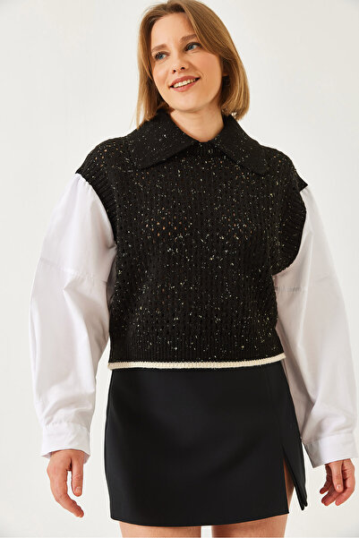 Bianco Lucci Pulover de tricotaj ajurat cu guler de cămașă de damă 20246272