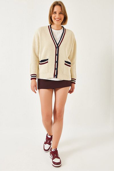 Bianco Lucci Women's Striped Thessaloniki Knitted Knitwear Cardigan 20246948