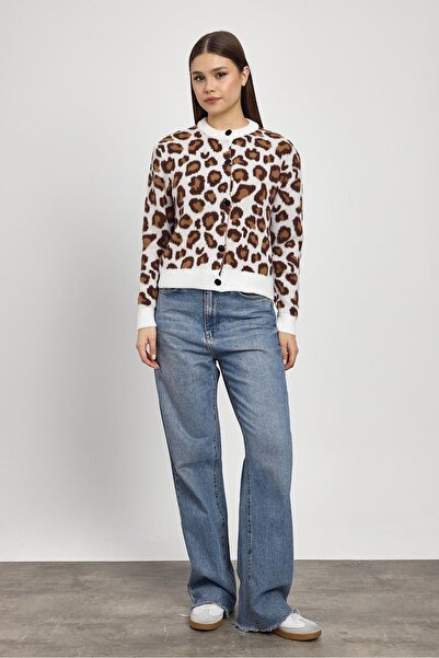 Rays Ekru kardigan od pletiva sa leopard detaljima 24367