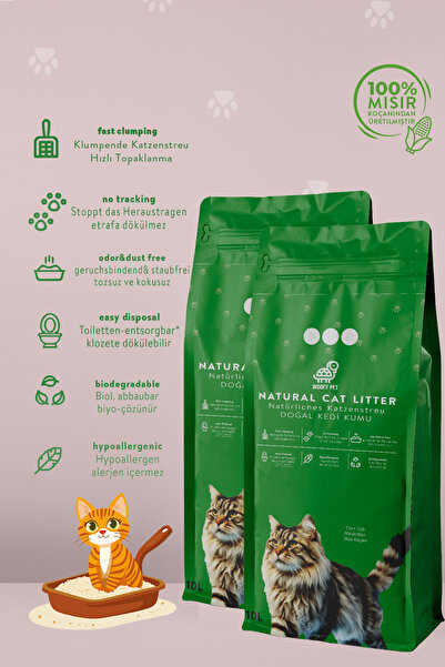 Woofy Mısır Koçanından Doğal Topaklanan Tozsuz Kedi Kumu 20 Litre (2*10)