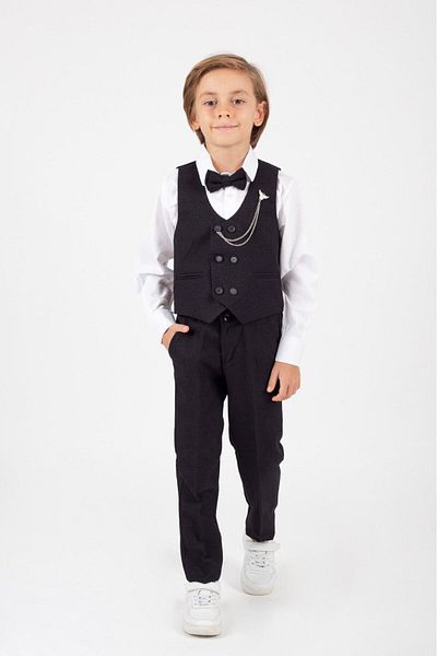Magu Black Kids Suit Stylish Design Tuxedo with Bow Tie Vest
