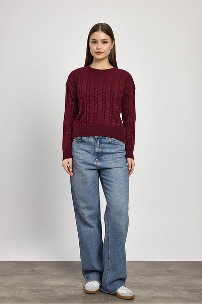 Rays 24366 Pulover tricotat roșu Claret - Detaliu tricot și sclipici