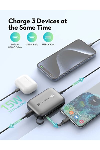 RavPower بنك الطاقة PD20W 10000mAh مع كابل Type C مدمج