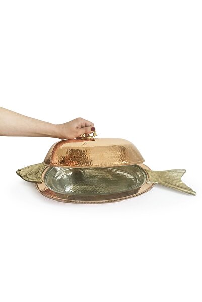 Shark Anatolia 60 Cm Orkinos Copper Fish Serving Plate with Lid - Hand Forged