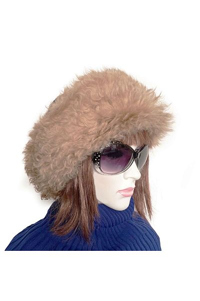 Shark Anatolia Handmade 100% Wool Curly Light Brown Fur Women's Real Leather Hat