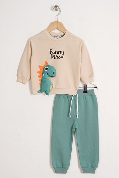 zepkids Dinosaur Figured Text Printed Green Color Boy's Double Suit