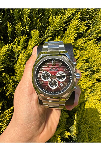 Slazenger 50 Metre Su Geçirmez Gümüş Metal,Kırmızı-Siyah Çizgili Kadranlı,Çel...