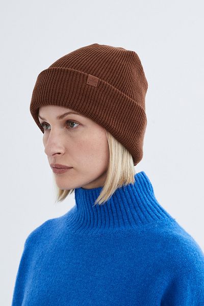 Nordbron Stretchy and Soft Unisex Brown Acrylic Knitwear Beanie - Basic Pumb with Double Fold Winter Logo