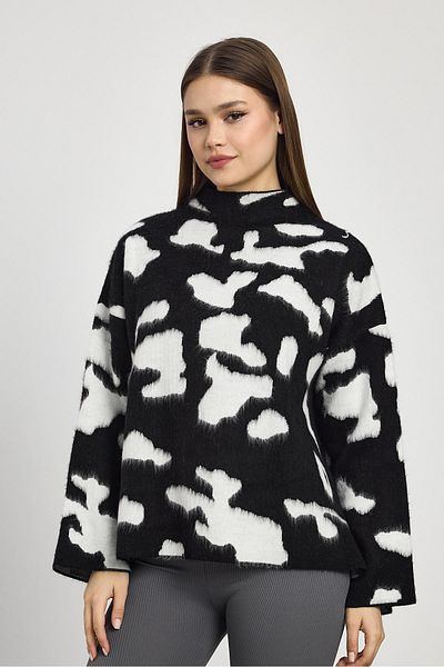 Rays 24371 Pulover leopard cu guler ridicat, negru-crem