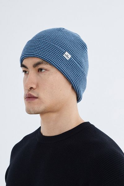 Nordbron Men's Blue Knitwear Acrylic Pattern Soft Beret with Logo Stretchy Winter Double Fold Basic Skye