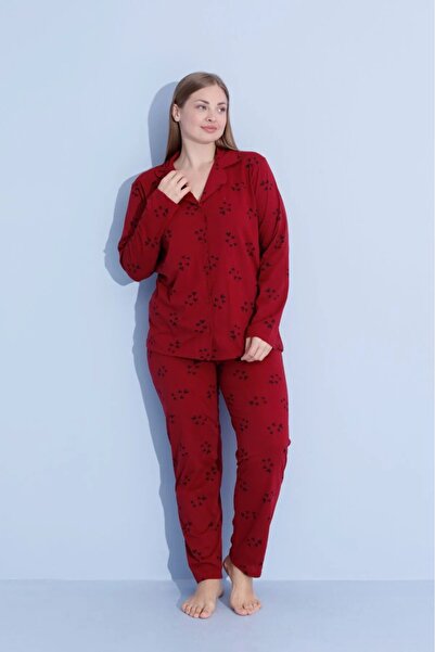 pijamacity Büyük Beden Kadın Bordo Uzun Kollu Pamuklu Önden Düğmeli  Pijama Takımı