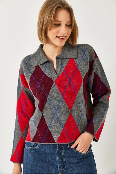 Bianco Lucci Women's Polo Neck Patterned Knitwear Sweater 20247580