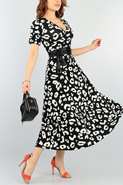 KaSheHa Siyah-krem Dalmaçya Desenli Kruvaze Yaka Krep Kumaş Elbise