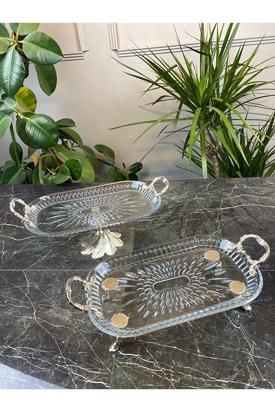 MAY HOME Luxury 2-Piece Silver Standing Vetro Glass Presentation and Serving Dish Set