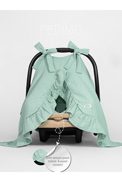 Pedimu Muslin Nile Green Color Ruffle Detailed Stroller Cover and Stroller Cushion Set