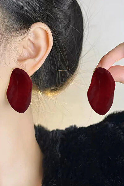 Glaren Yaprak Tasarım Kırmızı Mineli Altın Renk Kadın Küpe