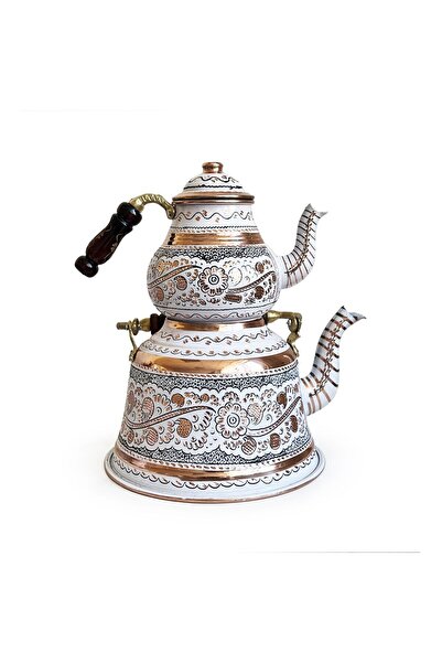 Shark Anatolia White Copper Teapot Erzincan Hand Embroidered for 10 Persons