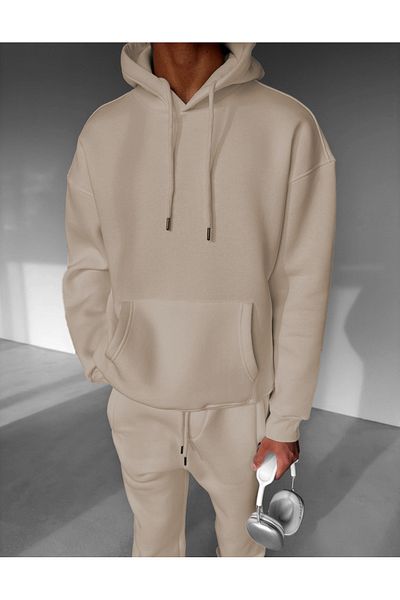 ruNadeS Men's Fleece Oversize Kangaroo Pocket Hooded Tracksuit Set - Walking