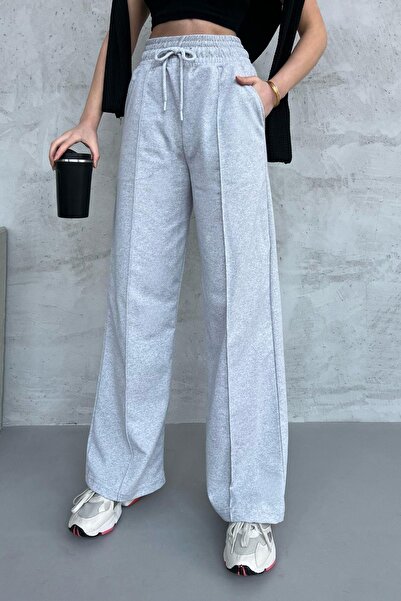 COMEOR Kadın Mevsimlik Salaş Geniş Paça Yüksek Bel Gri Eşofman Altı