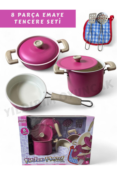 YILDIRIM OYUNCAK 8 Parça Pembe Emaye Tencere Tava Seti-Evcilik Mutfak Tencere...