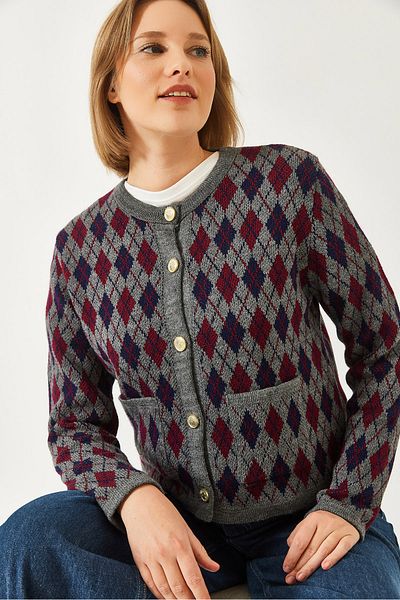 Bianco Lucci Women's Diamond Patterned Pocket Knitwear Cardigan 20247581