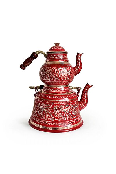 Shark Anatolia Red Copper Teapot Erzincan Hand Embroidered for 10 Persons