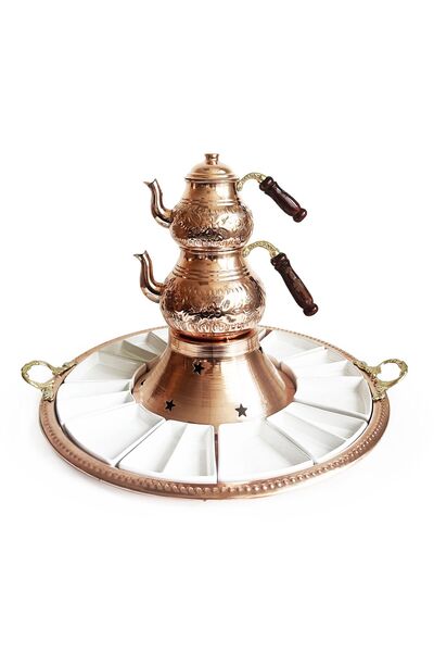 Shark Anatolia 12-Piece Breakfast Tea Presentation Set with Tray - Hand Embroidered Classic Copper Teapot, Porcelain