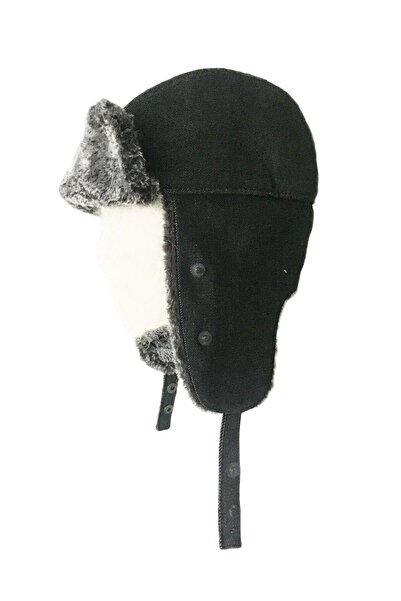 Shark Stoned Black Pilot Shearling Cap - Anatolia with Removable Mask