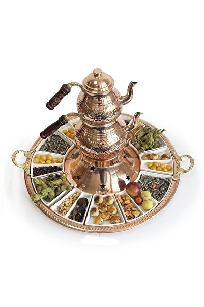 Shark Anatolia 12-Piece Breakfast Tea Presentation Set with Tray - Hand Embroidered Classic Copper Teapot, Porcelain