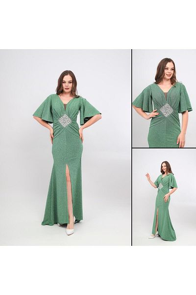 Aperla Mermaid Evening Dress with V-Neck Embroidery and Drawstring Detail Glitter Slit Detail