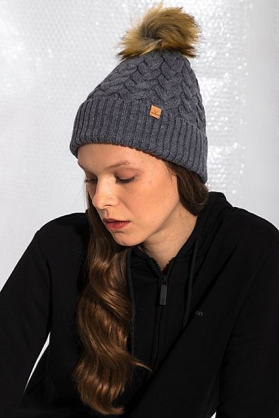 Nordbron Gray Colored Logo Detailed Soft Knitwear Women's Winter Beret - Deely Basic Model with Fur Pompom
