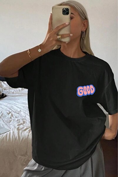 stg spor toptan giyim Γυναικείο μπλουζάκι μαύρο oversized Good με τύπωμα Loos...