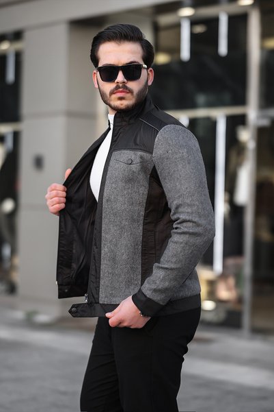 ixir Örme Detaylı Mevsimlik Erkek Ceket & Mont Siyah Gri