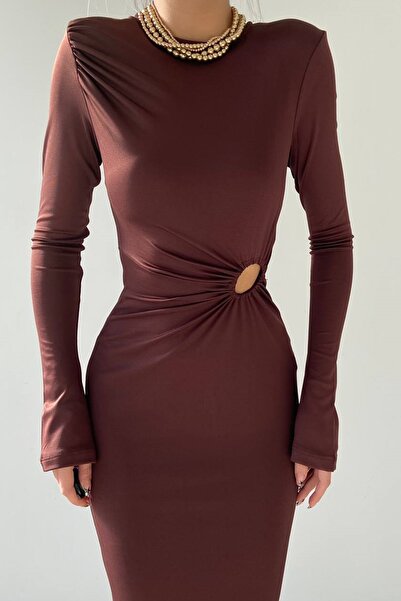 bayansepeti Hnědé pískové večerní šaty z nízkého střihu Midi 307